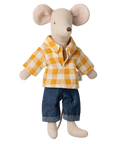Stuffed mouse toy wearing a yellow checkered shirt and blue pants on a white background