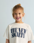 Kids white t-shirt with navy writing The New Society