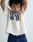 Kids white t-shirt with navy writing The New Society