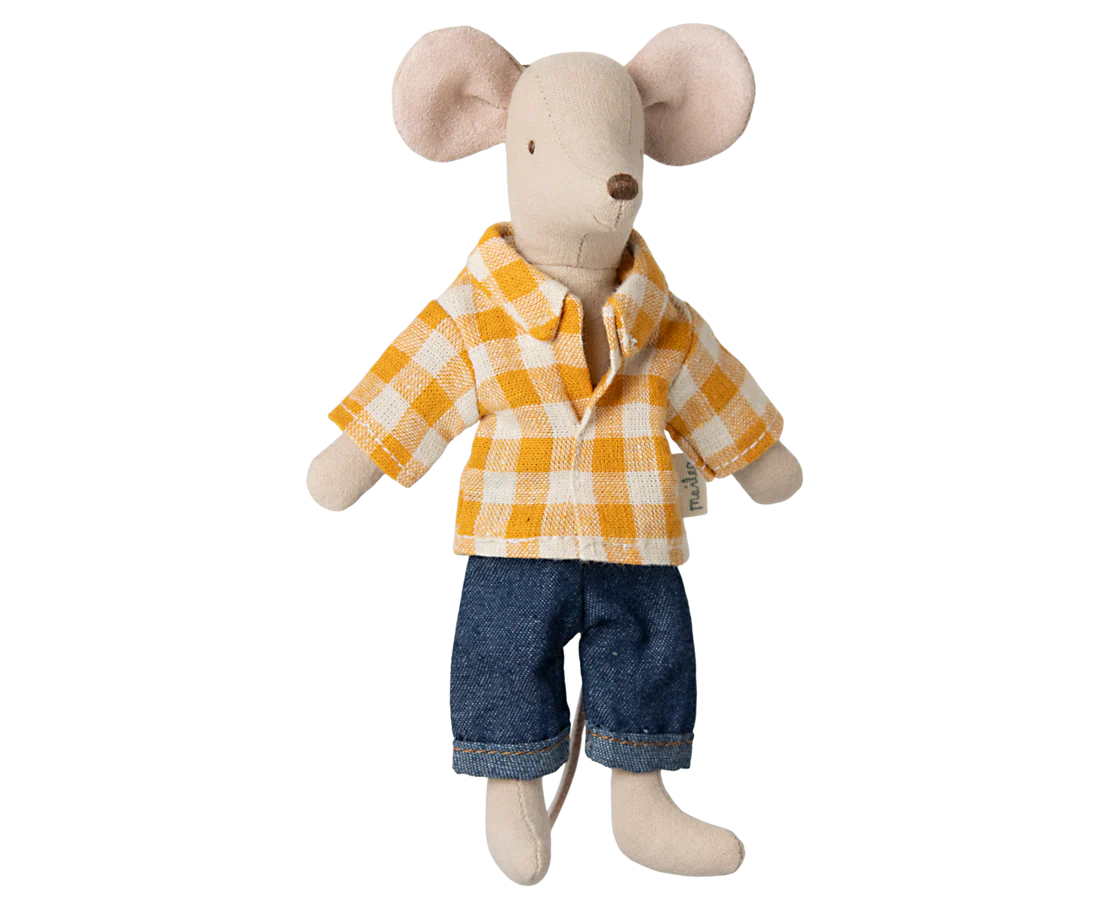 Stuffed mouse toy wearing a yellow checkered shirt and blue pants on a white background
