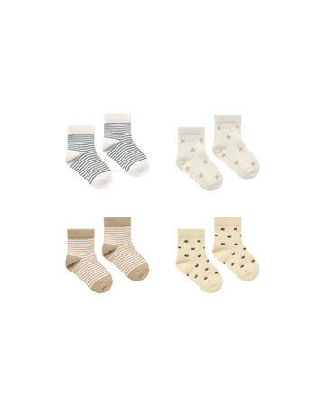 Printed Socks, set of 4 | Latte Micro Stripe, Stars, Stripe, Apple