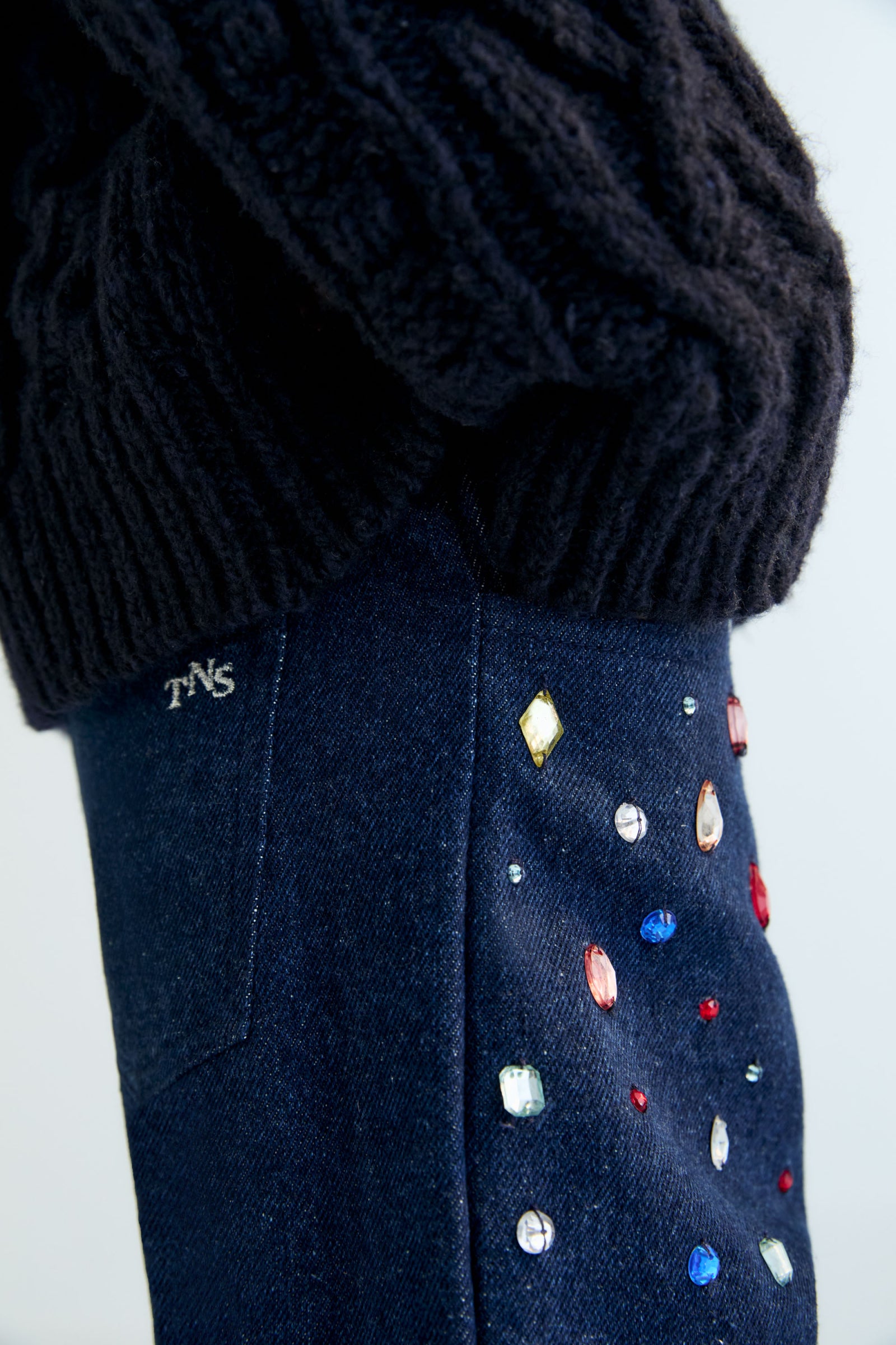Blue Denim jeweled denim pant The New Society
