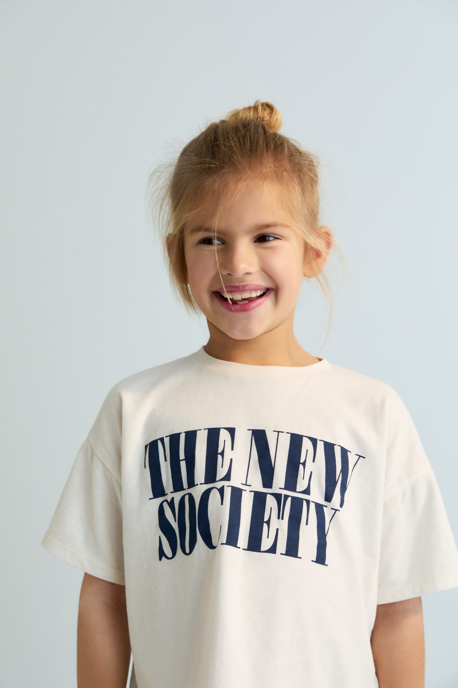 Kids white t-shirt with navy writing The New Society