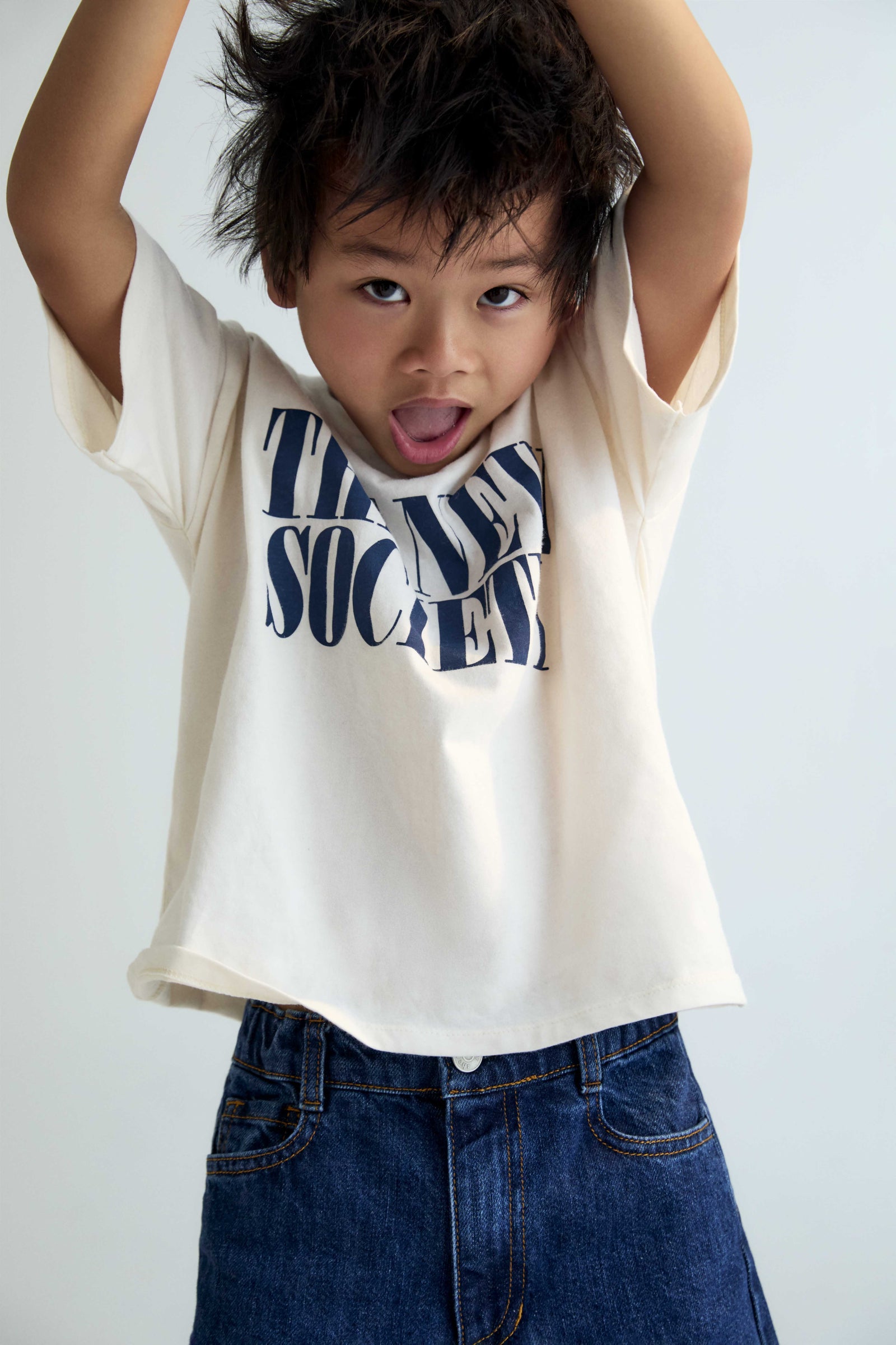 Kids white t-shirt with navy writing The New Society