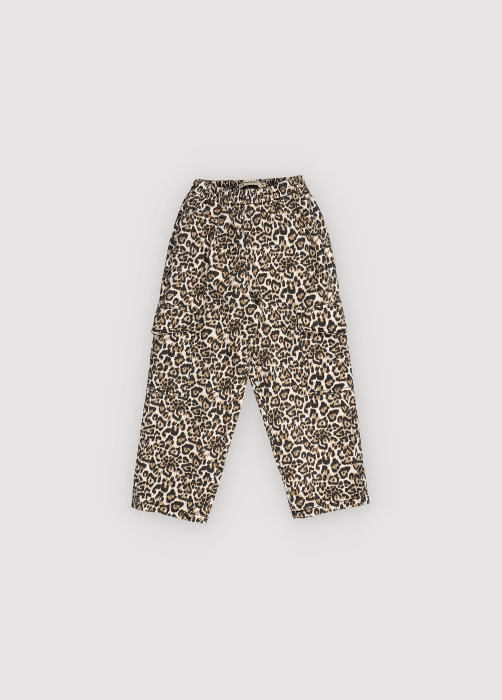 Leopard print pants on a light gray background