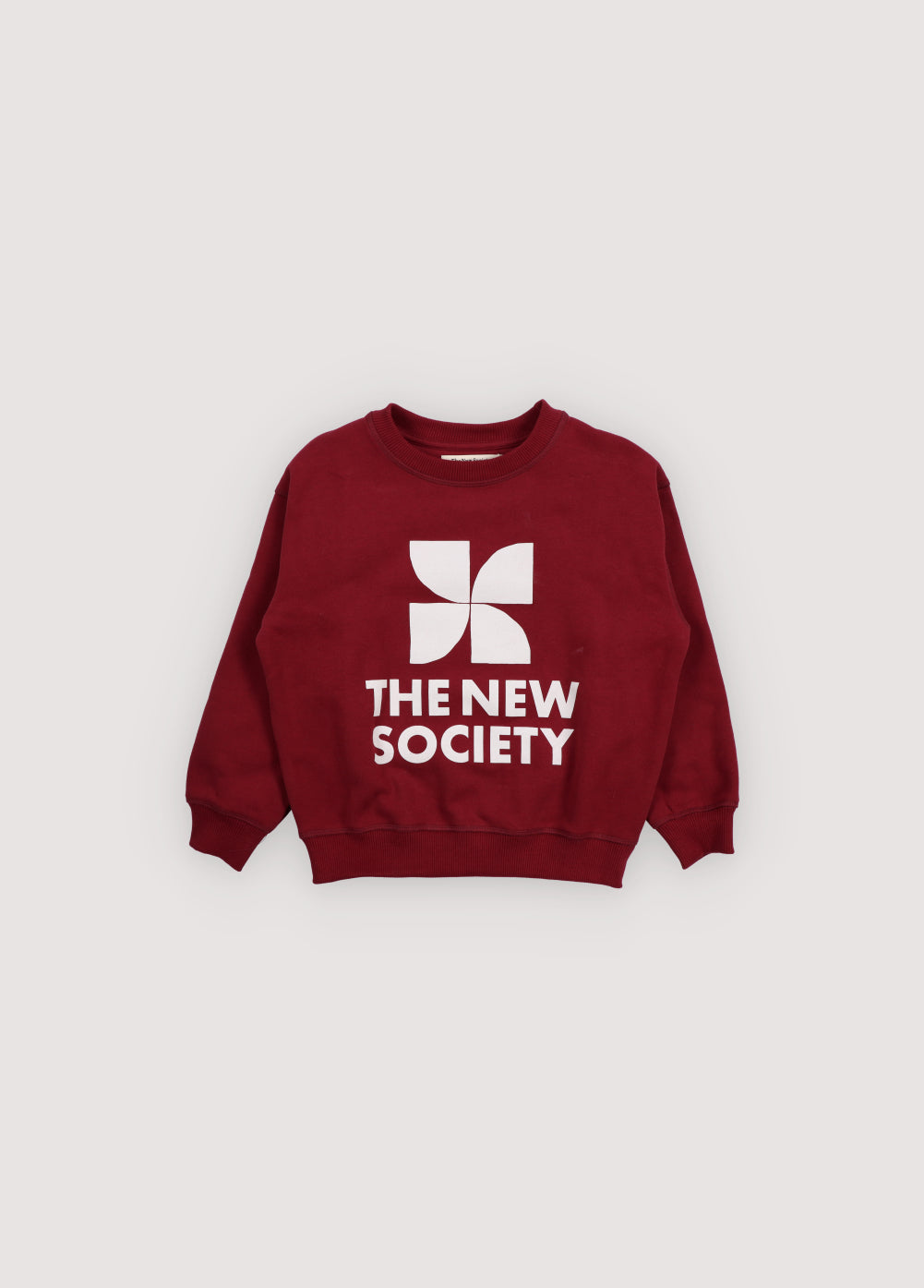 Red sweatshirt with 'The New Society' logo on a light gray background