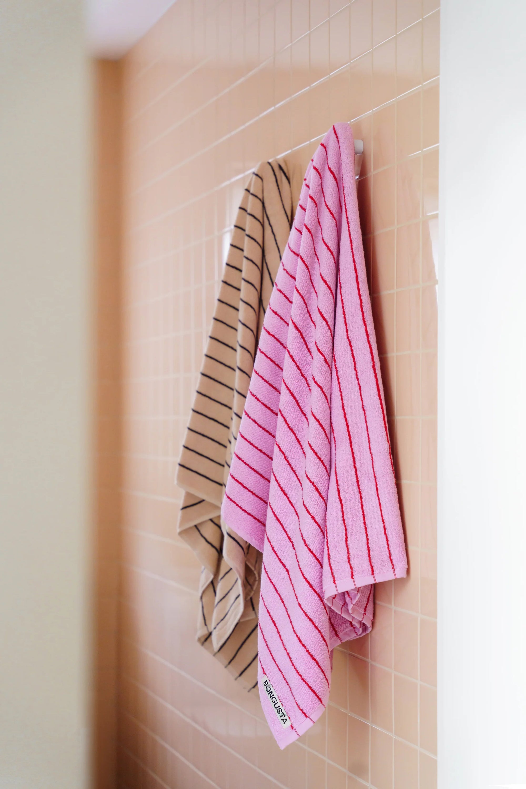 OEKO-TEX® Bath Towel | Baby Pink &amp; Ski Patrol Red Stripe