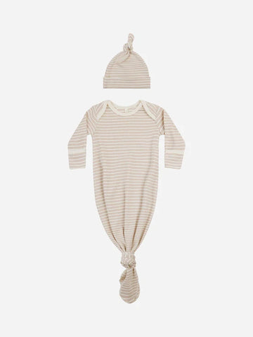 Knotted Baby Gown + Hat Set || Oat Stripe