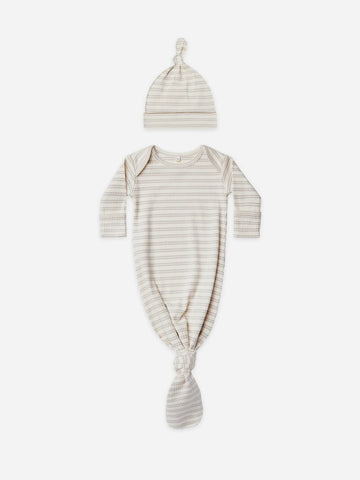 knotted baby gown & hat set | silver stripe